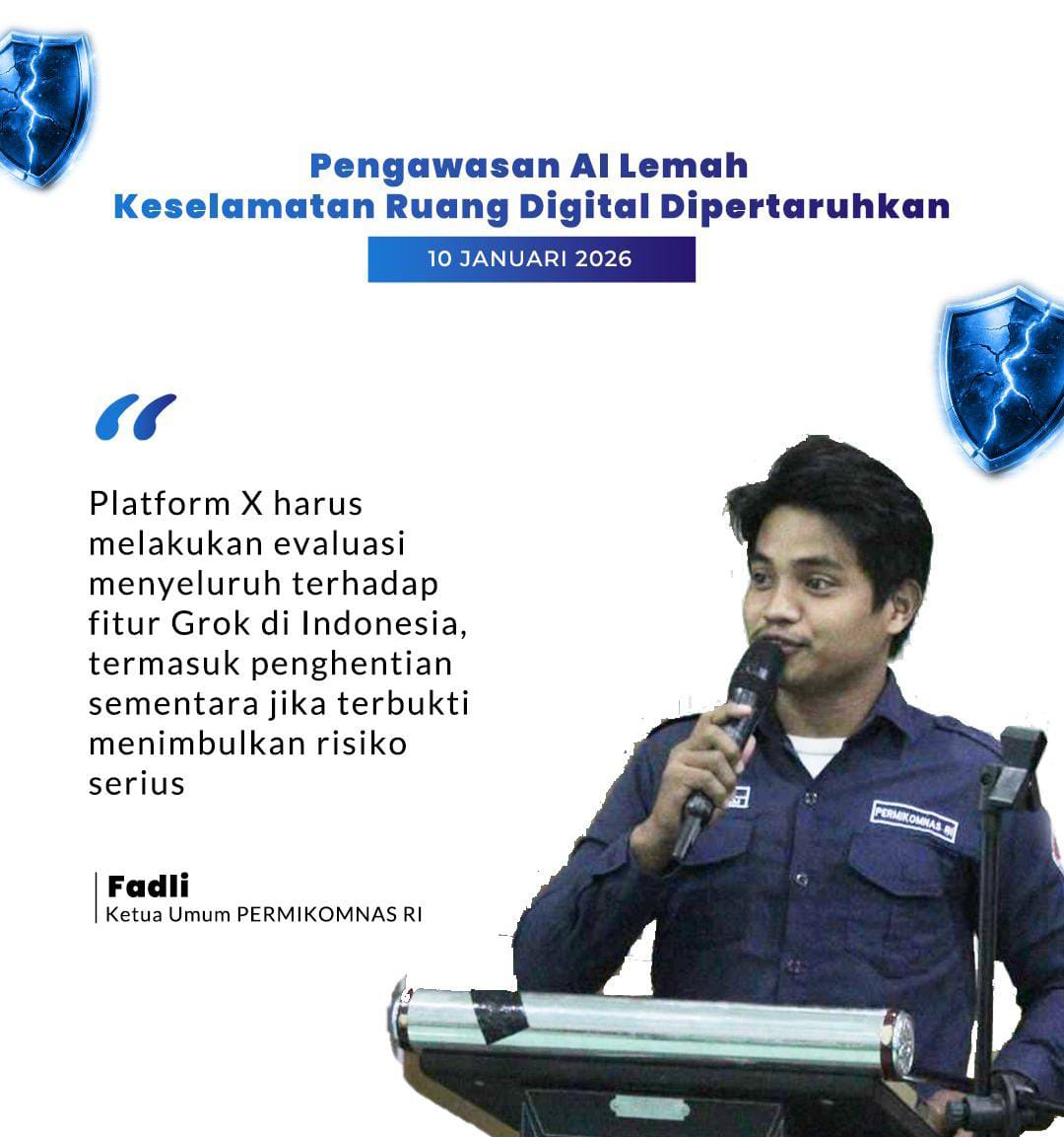 PERMIKOMNAS desak pemerintah blokir Platform X dalam Penerapan Fitur AI Grok di Indonesia dan bertanggung jawab atas kelalaiannya.